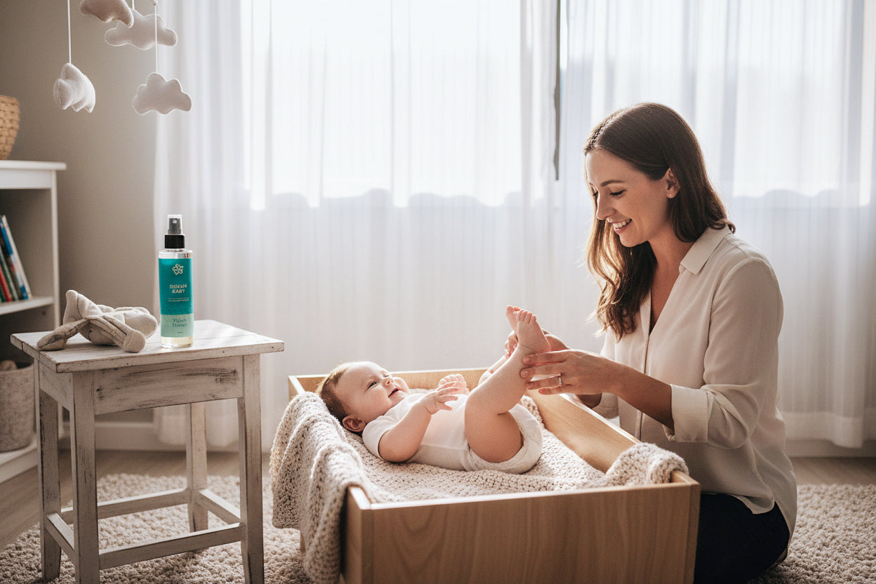 Woman interacting with a baby in a crib with a bottle of Dream Baby oil on a small table.